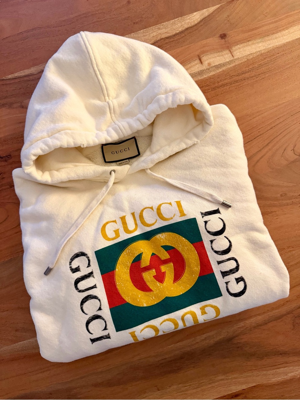 GUCCI Double Ring Logo Printed Hooded Drawstring Sweatshirt Ecru/Cream - XL